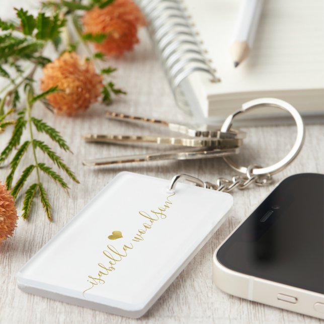Minimal Gold Heart Script Signature Name  Keychain (Front Right)