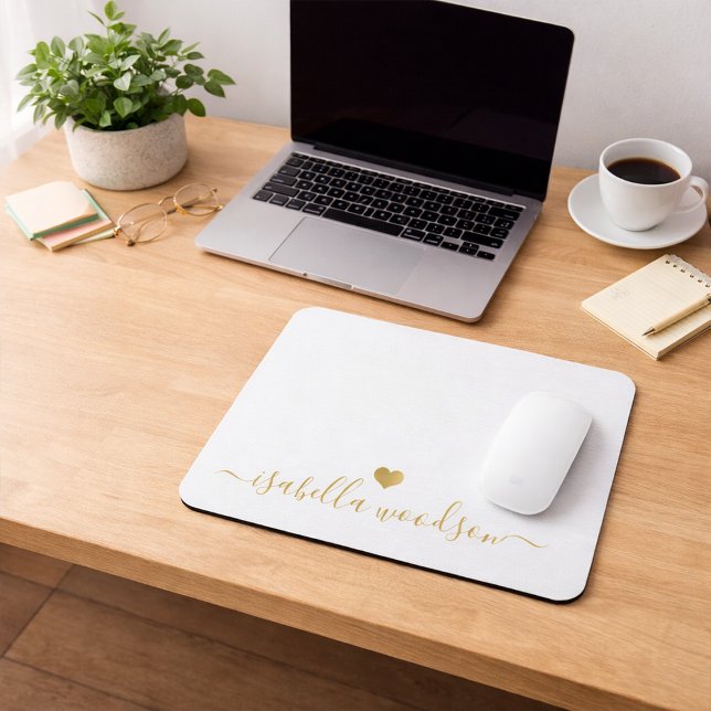 Minimal Gold Heart Script Signature Name  Mouse Pad (Creator Uploaded)