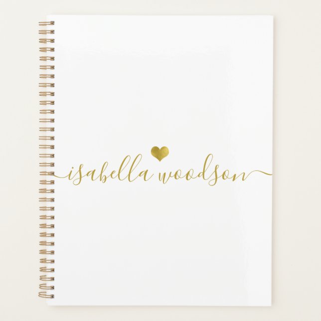 Minimal Gold Heart Script Signature Name  Planner (Front)