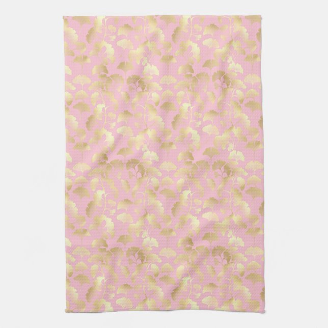 Minimal Gold Leaf Pattern on Soft Pink Background Kitchen Towel (Vertical)