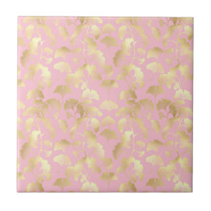 Minimal Gold Leaf Pattern on Soft Pink Background Tile