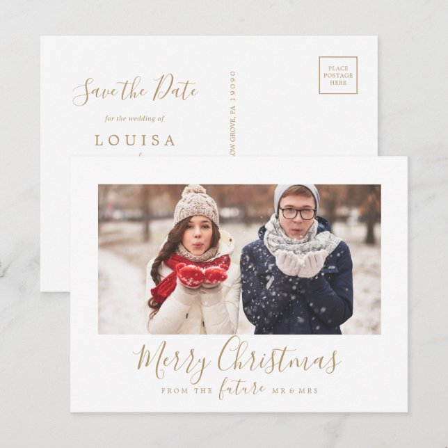 Minimal Gold Merry Christmas Save the Date Photo Holiday Postcard (Front/Back)