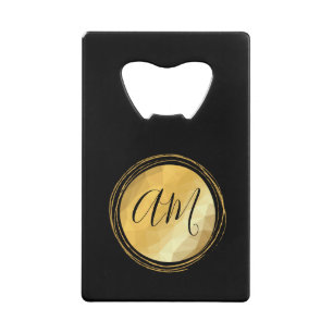 Minimal gold metallic effect round frame monogram credit card bottle opener