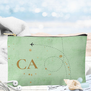 Minimal Gold Monogram Sage Green Airplane Travel Accessory Pouch