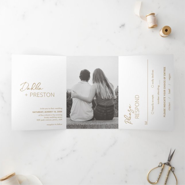 Minimal Gold Photo Modern Wedding Tri-Fold Invitation (Inside)
