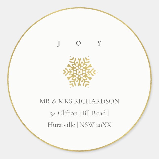 Minimal Gold SnowflakeJoy Christmas Address Classic Round Sticker (Front)