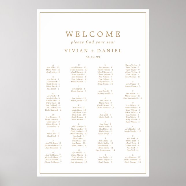 Minimal Gold Typography Alphabetical Seating Chart (Front)