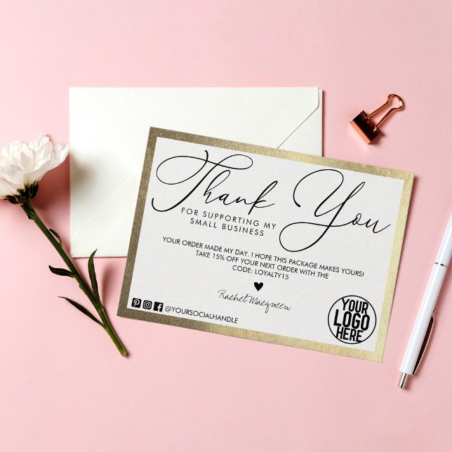 Minimal Gold White Black Script Customer Thank You Business Card (Creator Uploaded)