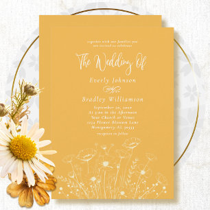 Minimal Golden Yellow White Floral Simple Wedding  Invitation