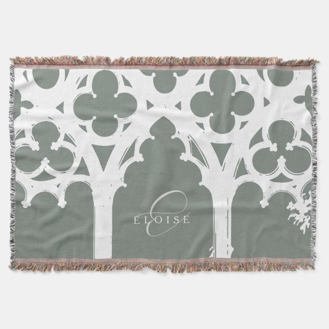 Minimal Gothic Window Calligraphy Rustic Sage Throw Blanket (Front)