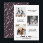 Minimal Graphic | Year in review 3 photo collage Card<br><div class="desc">Contemporary and minimal bold graphic typography features three favourite square photos with custom captions,  with your family name and "what a year!" beneath, 
The back of the card features a pop of coordinating colour (burgundy) with a winter star pattern
Any colour available upon request</div>