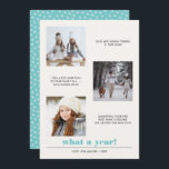Minimal Graphic | Year in review 3 photo collage Card<br><div class="desc">Contemporary and minimal bold graphic typography features three favourite square photos with custom captions,  with your family name and "what a year!" beneath, 
The back of the card features a pop of coordinating colour with a winter star pattern
Colours: aqua blue,  white and black.
Any colour available upon request</div>