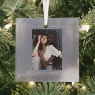 Minimal Gray Modern   Merry and Married Photo Glass Ornament