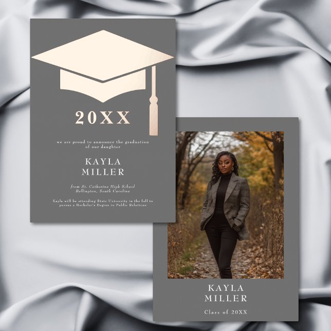 Minimal Gray White Rose Gold Cap Grad Announcement (Minimal Gray & White Gold Cap Grad Announcement)