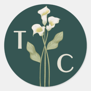 Minimal Green Art Nouveau Lily Monogram Wedding Classic Round Sticker