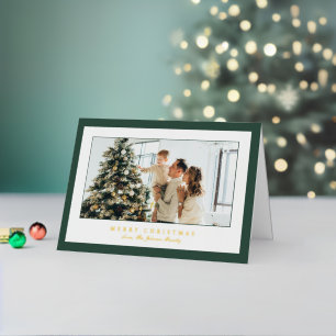 Minimal Green Border Photo Elegant Christmas Foil Holiday Card