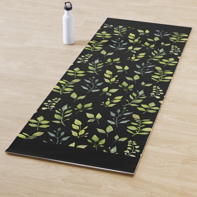 Minimal Green Botanical Leaf Pattern, Black/White Yoga Mat (In Situ)