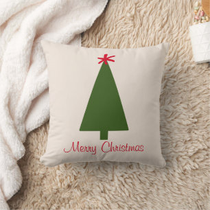 Minimal Green Christmas Tree Red Snowflake Simple Throw Pillow