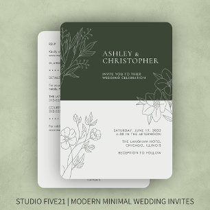 Minimal Green Foliage Outline All-in-One Wedding Invitation