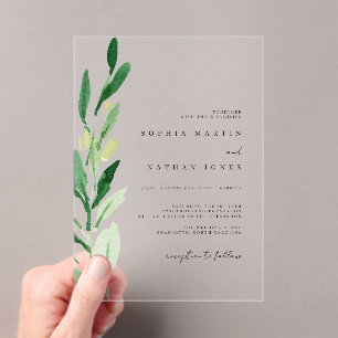 Minimal Green Leaf Watercolor Wedding Acrylic Invitations