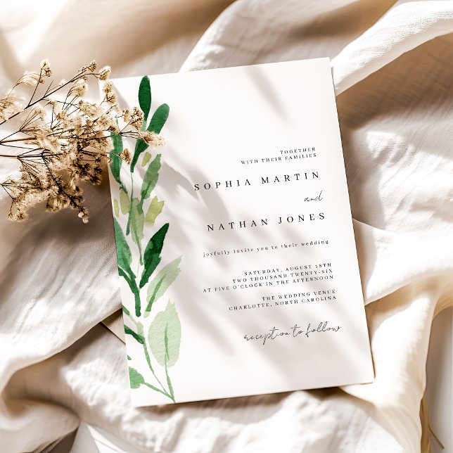 Minimal Green Leaf Watercolor Wedding Invitation (Creator Uploaded)