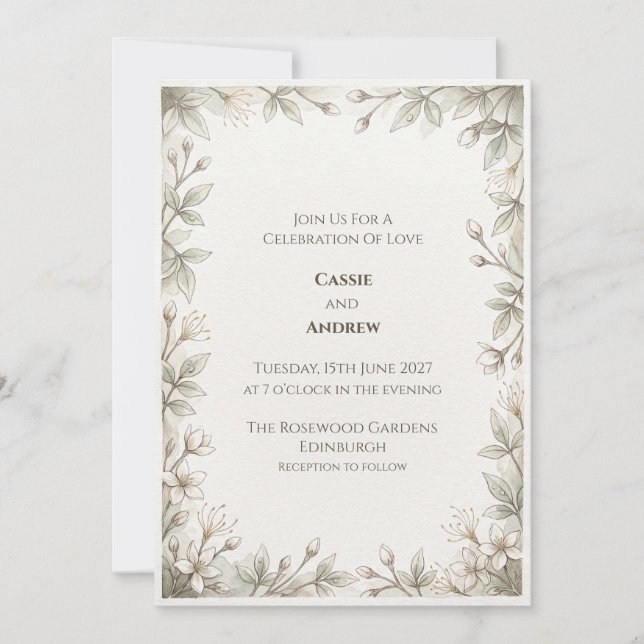 Minimal Green Leaf Wedding Invitation (Front)