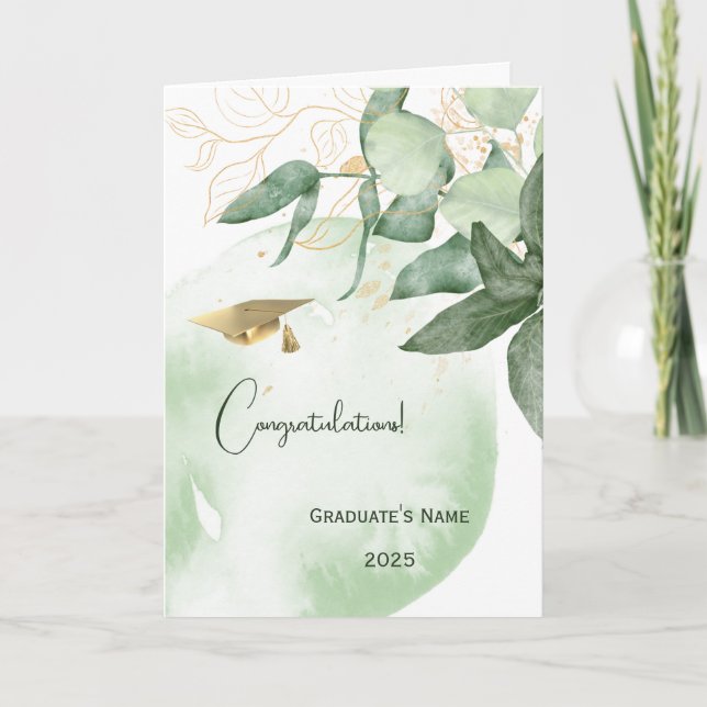 Minimal Green Leaves Personalized Graduation Card (Front)