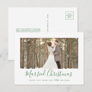 Minimal Green Married Christmas Newlywed Thank You Holiday Postcard