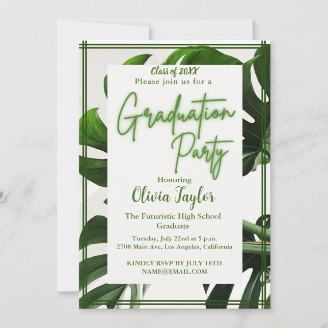 Minimal Green Neon Tropical Palm Graduation Party  Invitation (Front)