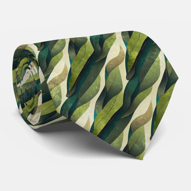 Minimal Green Olive Abstract Deco Pattern Tie (Rolled)