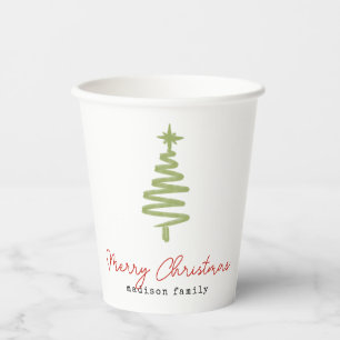 Minimal Green & Red Christmas Tree Family Paper Cups