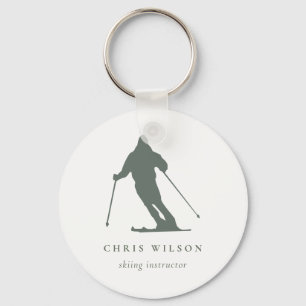 Minimal Green Skiing Silhouette Instructor Coach Keychain