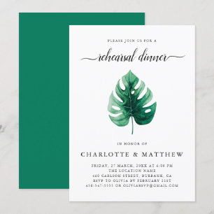 Minimal Green Tropical Leaf  Rehearsal Dinner Invitation