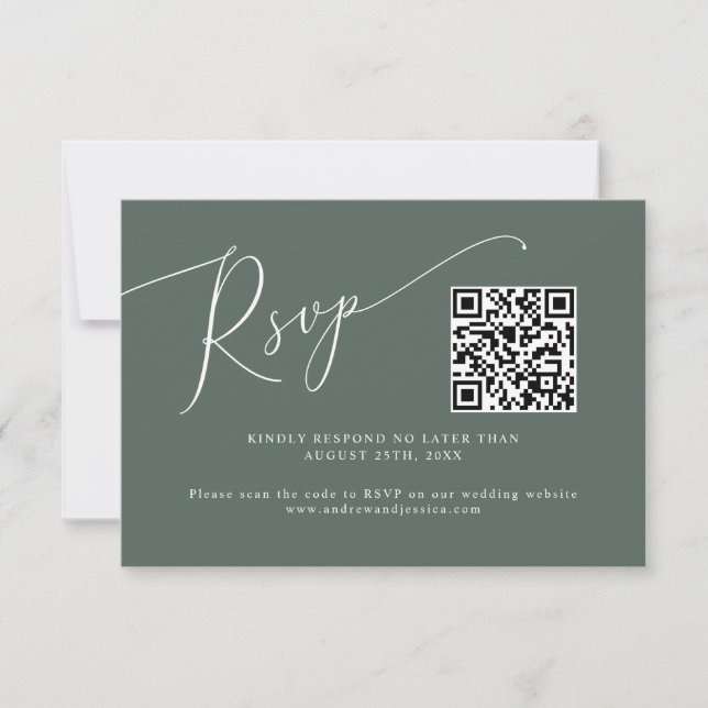 Minimal Green Wedding QR Code RSVP Card (Front)