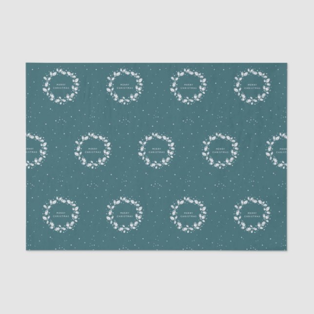 Minimal Green + White Merry Christmas Holly Wreath Tissue Paper (Front)