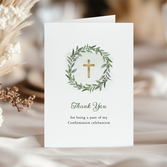 Minimal Greenery and Gold Cross | Confirmation Thank You Card (Creator Uploaded)
