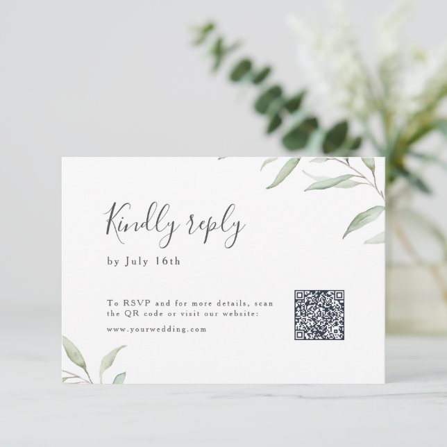 Minimal greenery botanical rustic wedding QR code  RSVP Card (Standing Front)