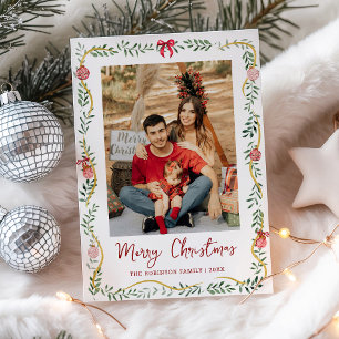 Minimal Greenery & Bows Merry Christmas 1 Photo Holiday Card
