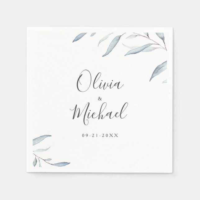 Minimal greenery dusty blue rustic wedding napkin (Front)