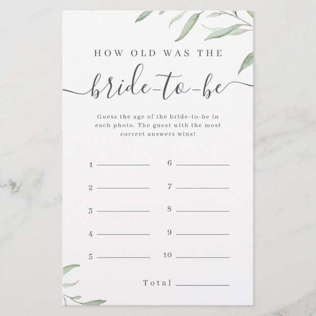 Minimal greenery how old was the bride game (Front)