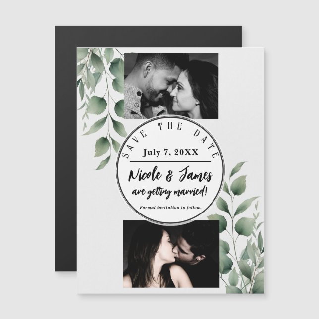 Minimal Greenery Leaves Modern White Save the Date (Front/Back)