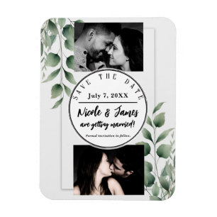 Minimal Greenery Leaves Modern White Save the Date Magnet