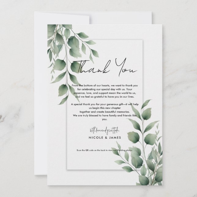 Minimal Greenery Leaves Modern White Thank You Invitation (Front)