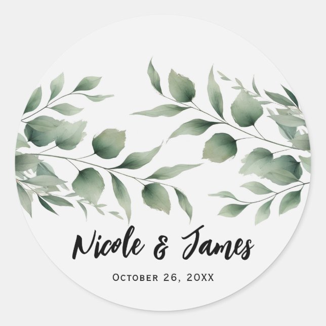 Minimal Greenery Leaves Modern White Wedding Classic Round Sticker (Front)