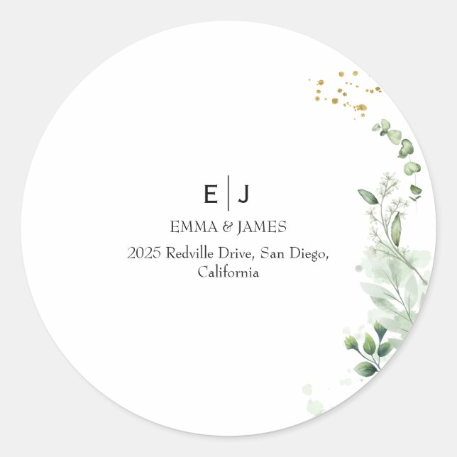 Minimal Greenery Monogram Round Sticker (Front)