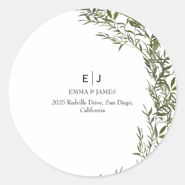 Minimal Greenery Monogram Round Sticker (Front)