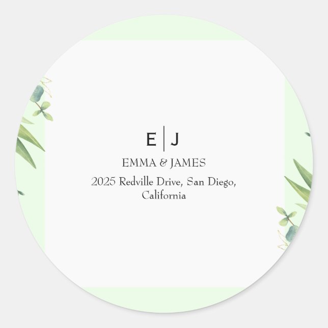 Minimal Greenery Monogram Round Sticker (Front)