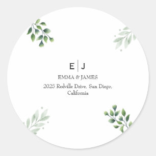 Minimal Greenery Monogram Round Sticker