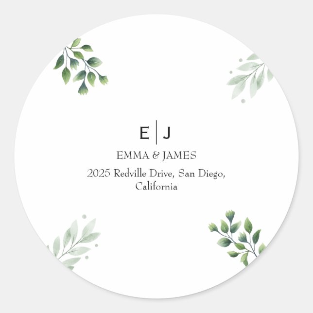 Minimal Greenery Monogram Round Sticker (Front)