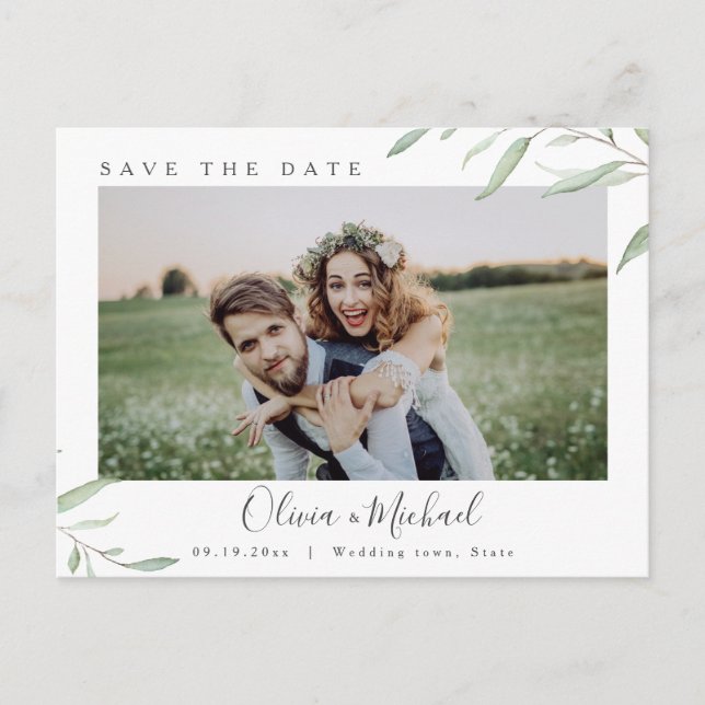 Minimal greenery photo wedding save the date postcard (Front)